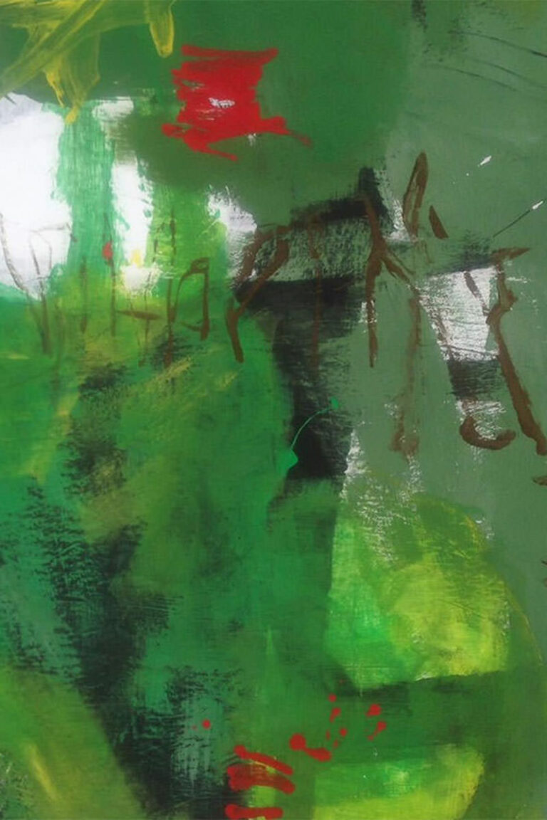 Abstrakte Malerei mit sehr viel Grün ein kleinen knallroten Einsprengseln