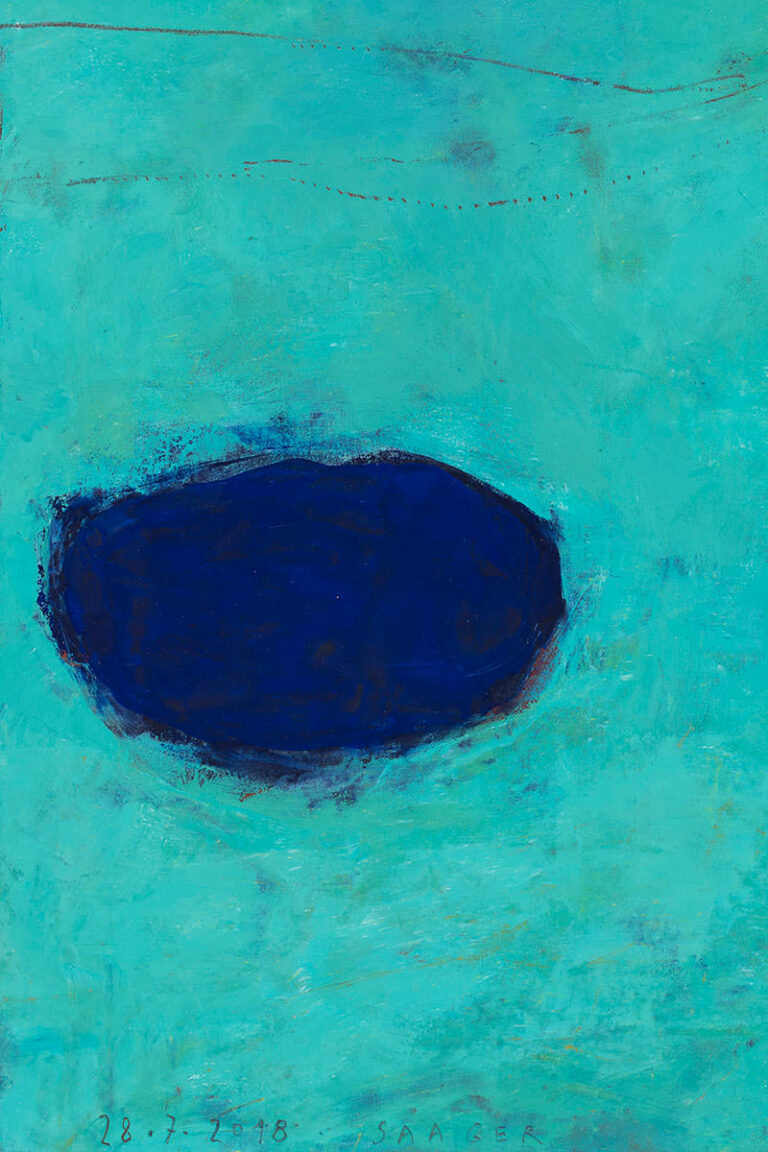 UAsschnitt aus einem abstrakten Bild mit türkiser Grundfläche und einem dunkelblauen zentralen Fleck